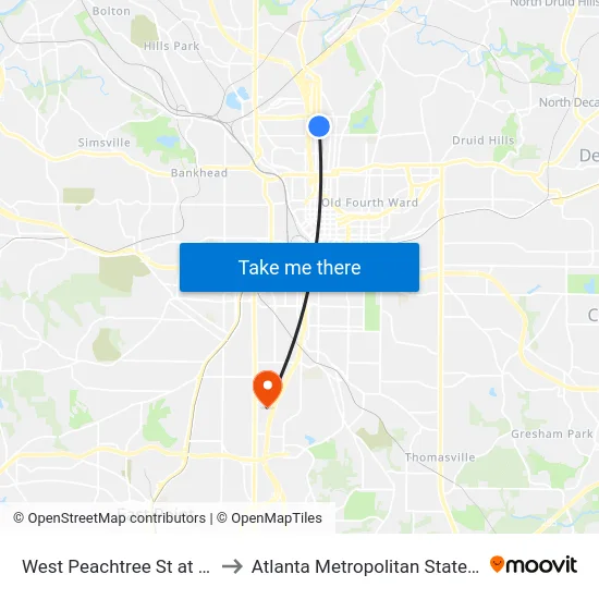 West Peachtree St at 12th St to Atlanta Metropolitan State College map