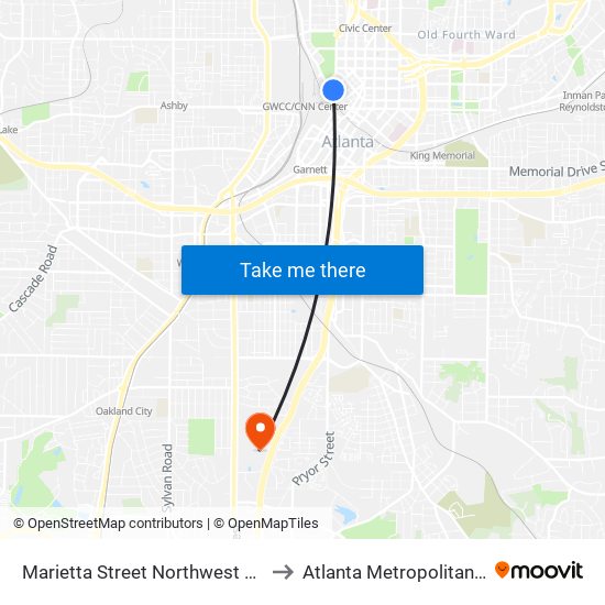 Marietta Street Northwest at Ted Turner Drive to Atlanta Metropolitan State College map