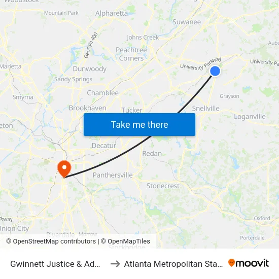 Gwinnett Justice & Admin Center to Atlanta Metropolitan State College map