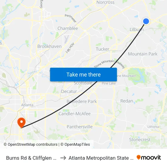 Burns Rd & Cliffglen Way Ib to Atlanta Metropolitan State College map