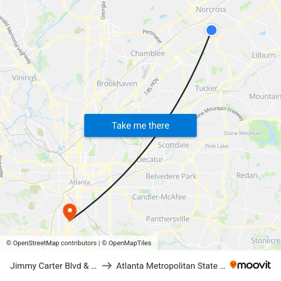 Jimmy Carter Blvd & O'Riley to Atlanta Metropolitan State College map