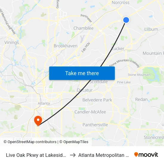 Live Oak Pkwy at Lakeside Corporate Ct to Atlanta Metropolitan State College map