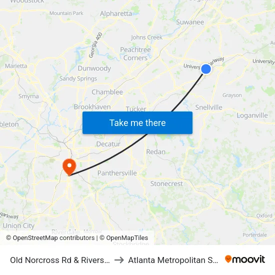 Old Norcross Rd & Riverside Pkwy Ob to Atlanta Metropolitan State College map
