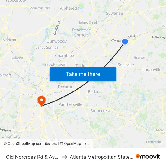 Old Norcross Rd & Averitt Ob to Atlanta Metropolitan State College map