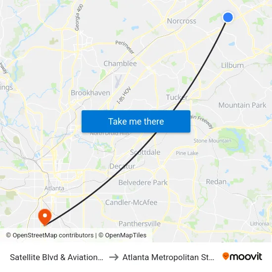 Satellite Blvd & Aviation Insitute Ib to Atlanta Metropolitan State College map