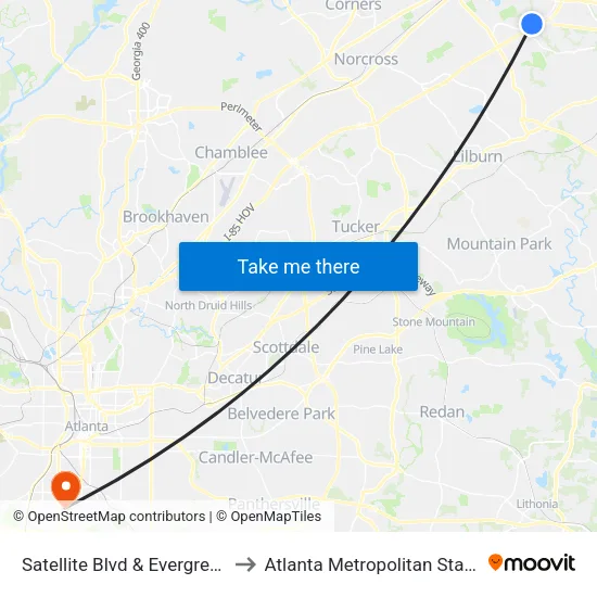 Satellite Blvd & Evergreen Blvd Ib to Atlanta Metropolitan State College map