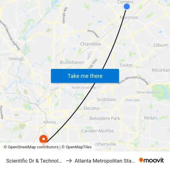 Scientific Dr & Technology Pkwy to Atlanta Metropolitan State College map