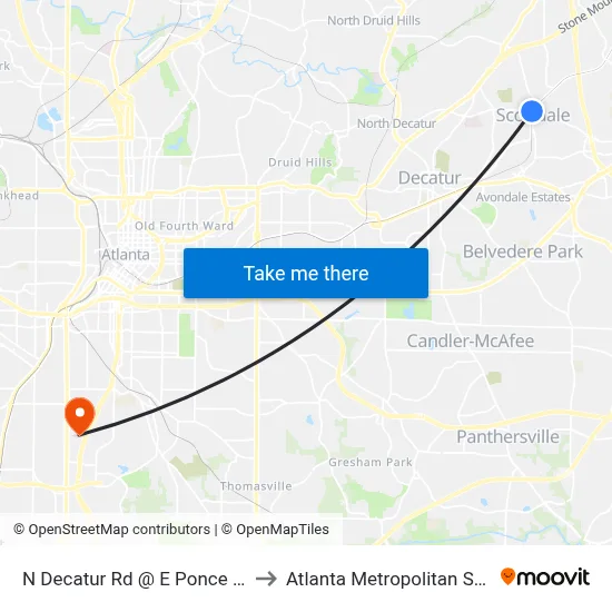 N Decatur Rd @ E Ponce De Leon Ave to Atlanta Metropolitan State College map