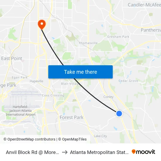 Anvil Block Rd @ Moreland Ave to Atlanta Metropolitan State College map