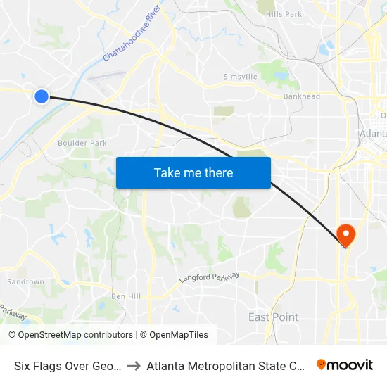 Six Flags Over Georgia to Atlanta Metropolitan State College map