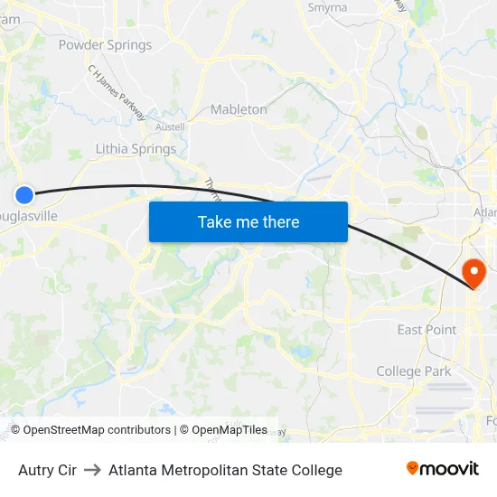 Autry Cir to Atlanta Metropolitan State College map