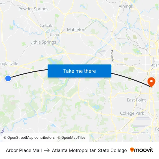 Arbor Place Mall to Atlanta Metropolitan State College map
