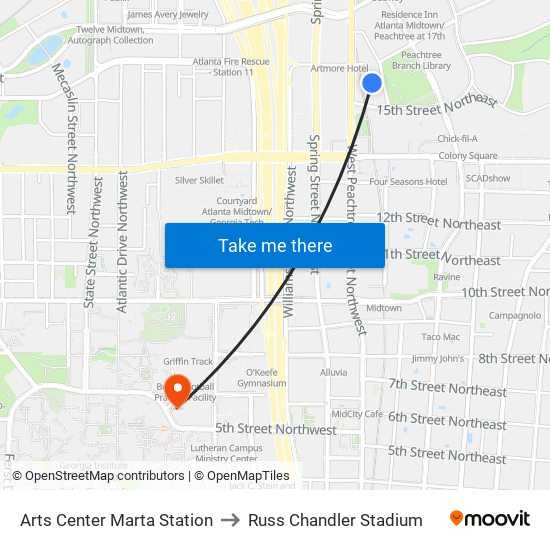 Arts Center Marta Station to Russ Chandler Stadium map