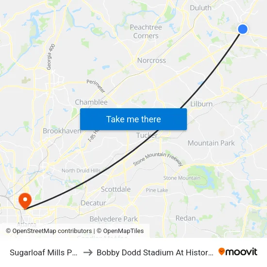 Sugarloaf Mills P&R Local to Bobby Dodd Stadium At Historic Grant Field map