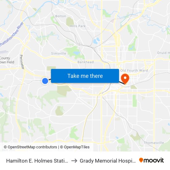 Hamilton E. Holmes Station to Grady Memorial Hospital map