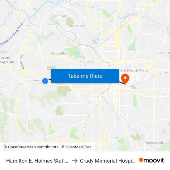Hamilton E. Holmes Station to Grady Memorial Hospital map