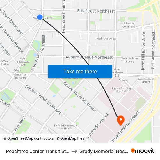 Peachtree Center Transit Station to Grady Memorial Hospital map