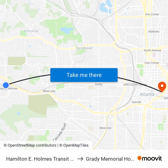 Hamilton E. Holmes Transit Station to Grady Memorial Hospital map