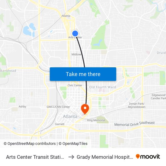 Arts Center Transit Station to Grady Memorial Hospital map