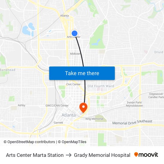 Arts Center Marta Station to Grady Memorial Hospital map