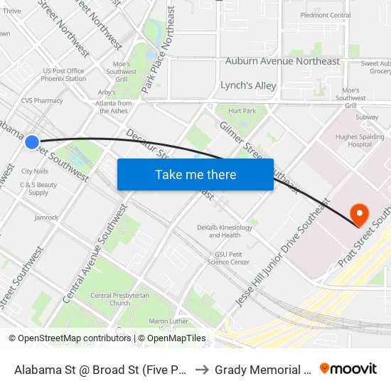 Alabama St @ Broad St (Five Points Station) to Grady Memorial Hospital map