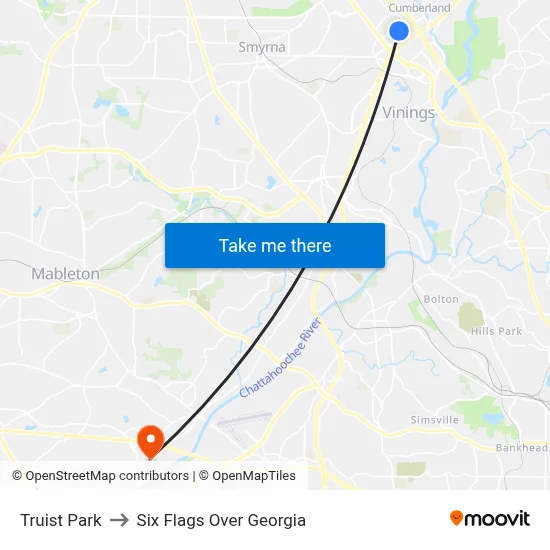 Truist Park to Six Flags Over Georgia map