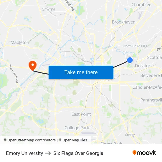 Emory University to Six Flags Over Georgia map