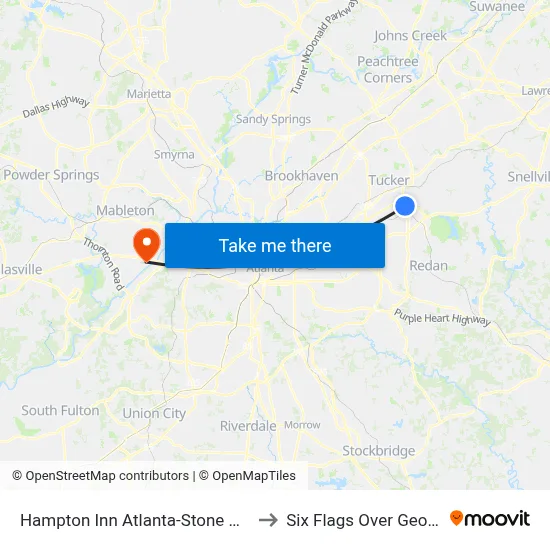Hampton Inn Atlanta-Stone Moun to Six Flags Over Georgia map