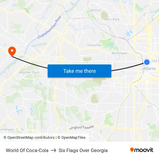 World Of Coca-Cola to Six Flags Over Georgia map