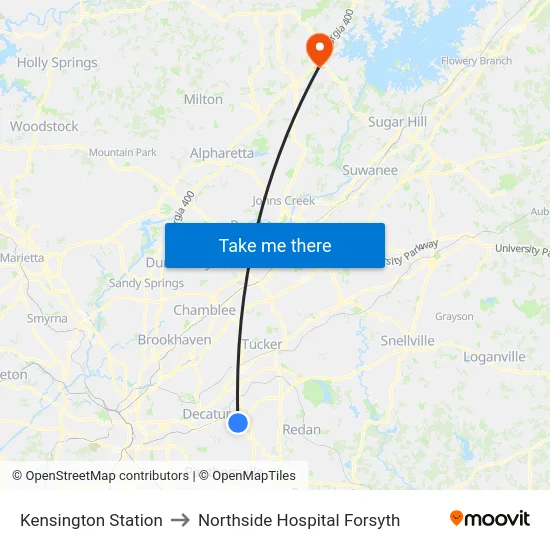 Kensington Station to Northside Hospital Forsyth map
