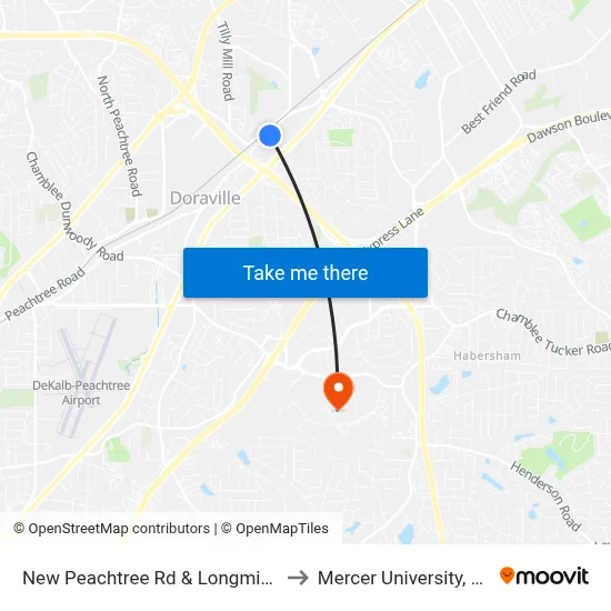 New Peachtree Rd & Longmire Way Ib to Mercer University, Atlanta map