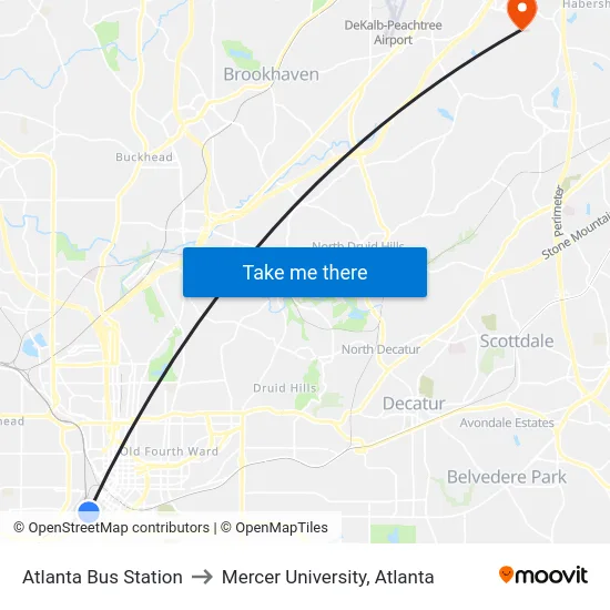 Atlanta Bus Station to Mercer University, Atlanta map