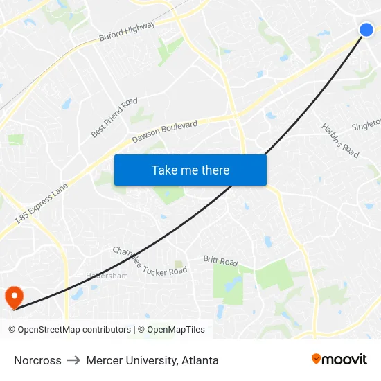 Norcross to Mercer University, Atlanta map