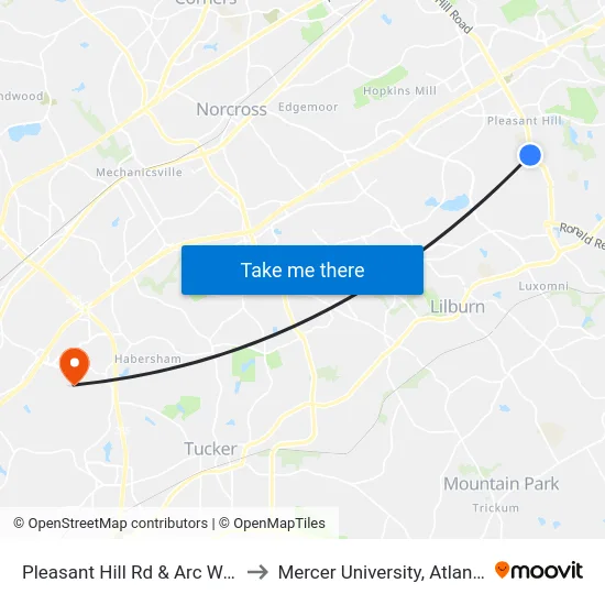 Pleasant Hill Rd & Arc Way to Mercer University, Atlanta map