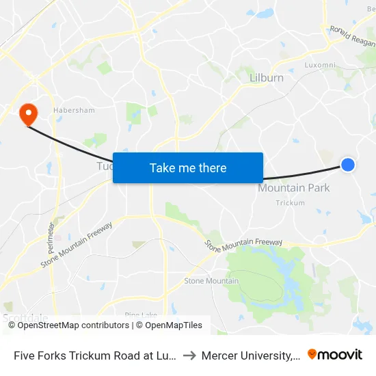 Five Forks Trickum Road at Lucerne Road to Mercer University, Atlanta map