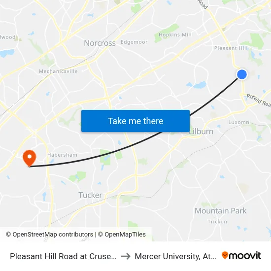 Pleasant Hill Road at Cruse Road to Mercer University, Atlanta map