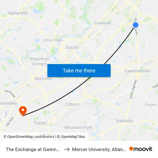 The Exchange at Gwinnett to Mercer University, Atlanta map
