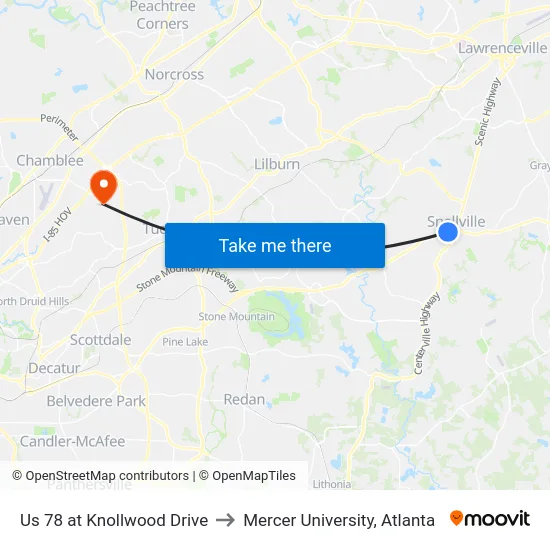 Us 78 at Knollwood Drive to Mercer University, Atlanta map