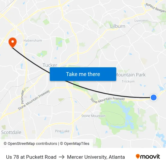 Us 78 at Puckett Road to Mercer University, Atlanta map