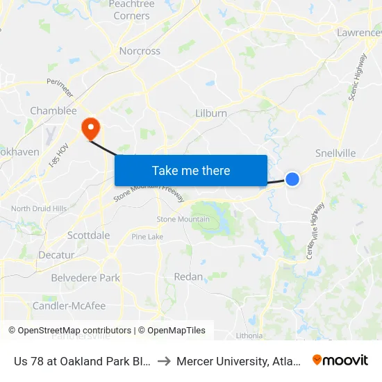 Us 78 at Oakland Park Blvd to Mercer University, Atlanta map