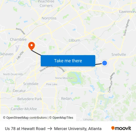 Us 78 at Hewatt Road to Mercer University, Atlanta map
