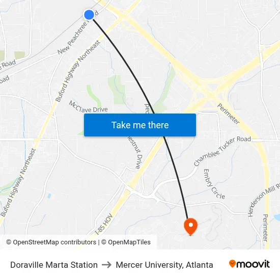 Doraville Marta Station to Mercer University, Atlanta map