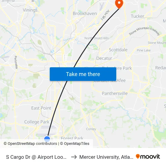 S Cargo Dr @ Airport Loop Rd to Mercer University, Atlanta map