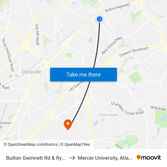Button Gwinnett Rd & Ryder to Mercer University, Atlanta map