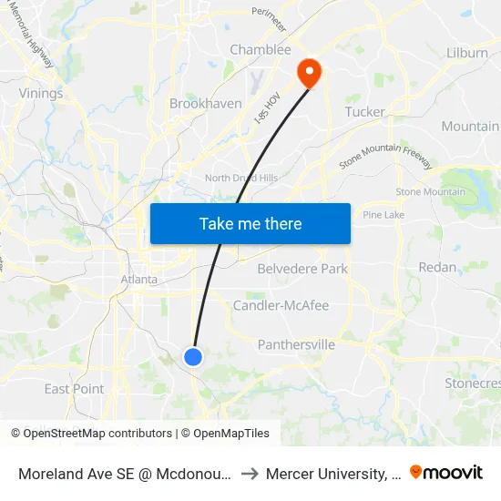 Moreland Ave SE @ Mcdonough Blvd SE to Mercer University, Atlanta map