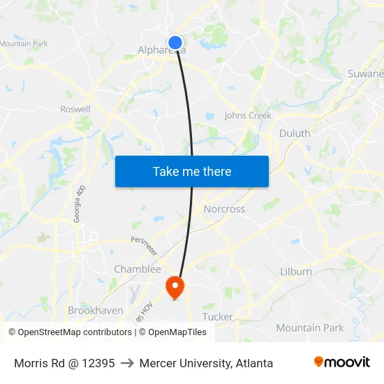 Morris Rd @ 12395 to Mercer University, Atlanta map