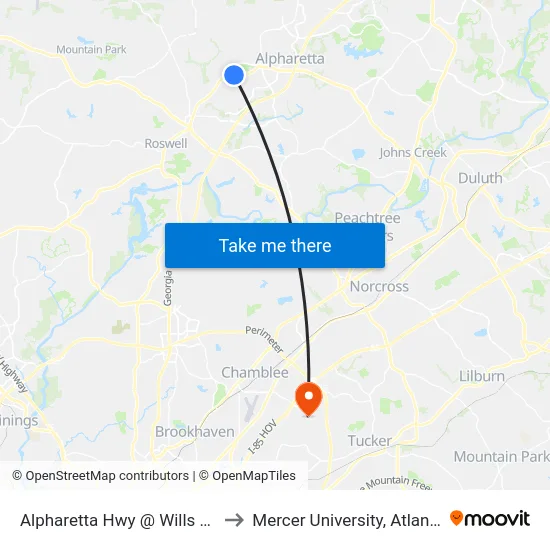 Alpharetta Hwy @ Wills Rd to Mercer University, Atlanta map