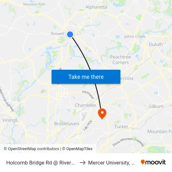 Holcomb Bridge Rd @ Riverwood Ln to Mercer University, Atlanta map
