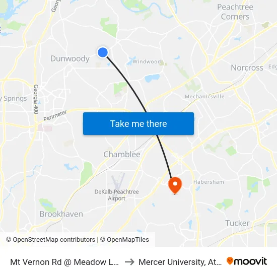 Mt Vernon Rd @ Meadow Lake Dr to Mercer University, Atlanta map