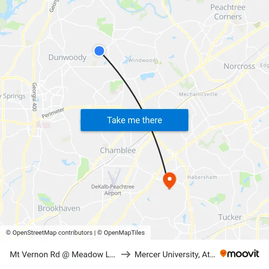 Mt Vernon Rd @ Meadow Lake Dr to Mercer University, Atlanta map